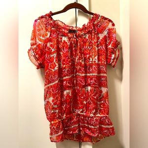 Short-sleeve sheer tie-front top